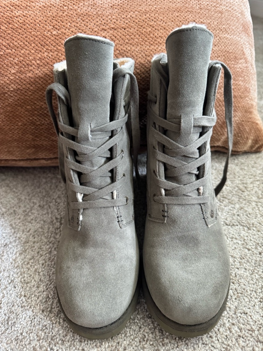 BearPaw Olive Gray Suede Lace-Up Ankle Boots with Faux Shearling - Picture 13 of 14